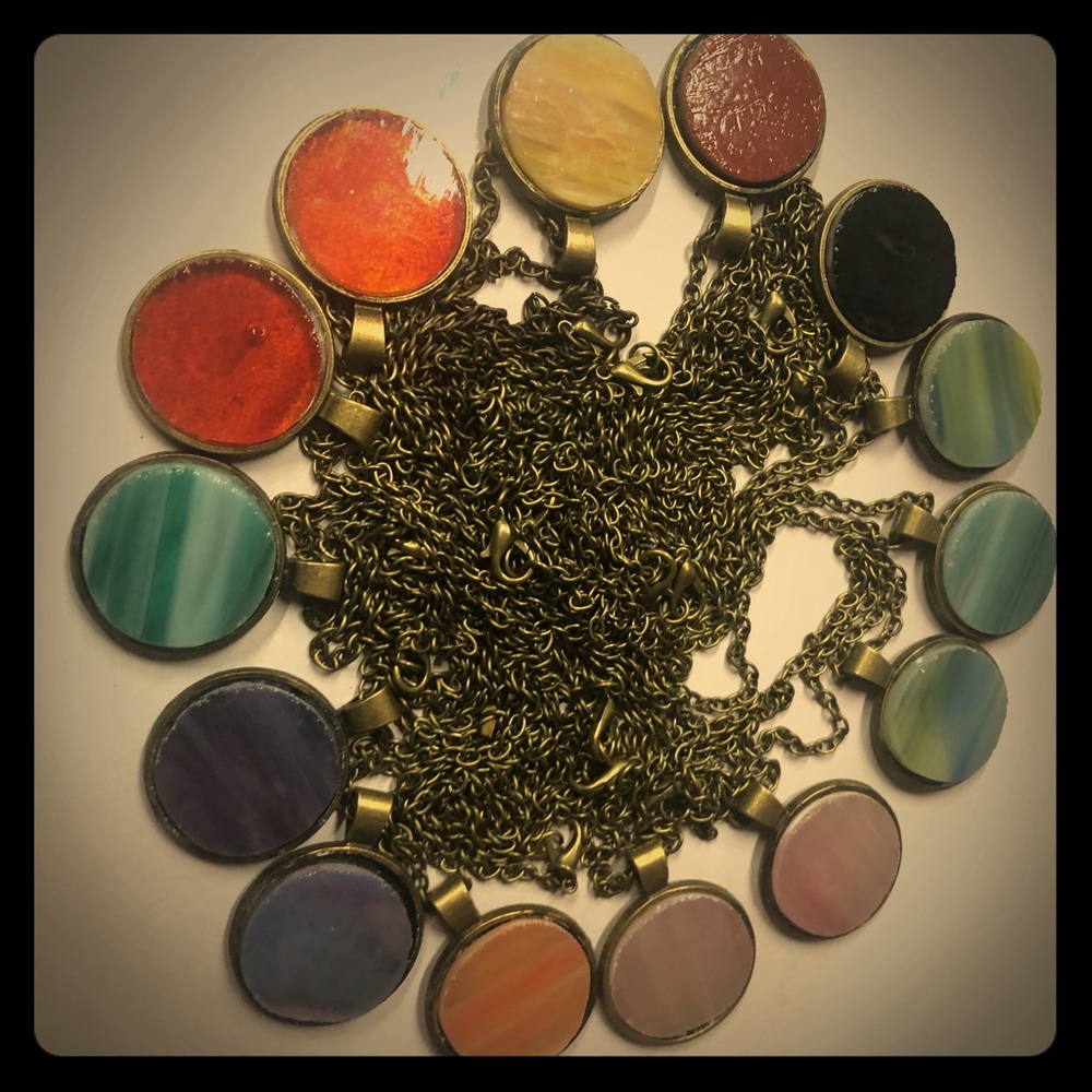 Stained Glass Round Pendants with 18” brass chains